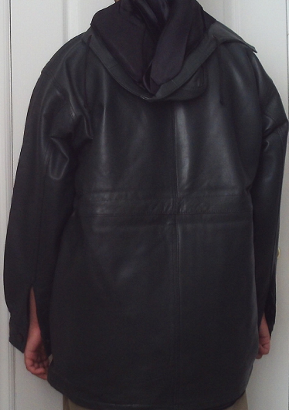 Genuine Leather Black Jacket with Zip cover flat and Hoodie
